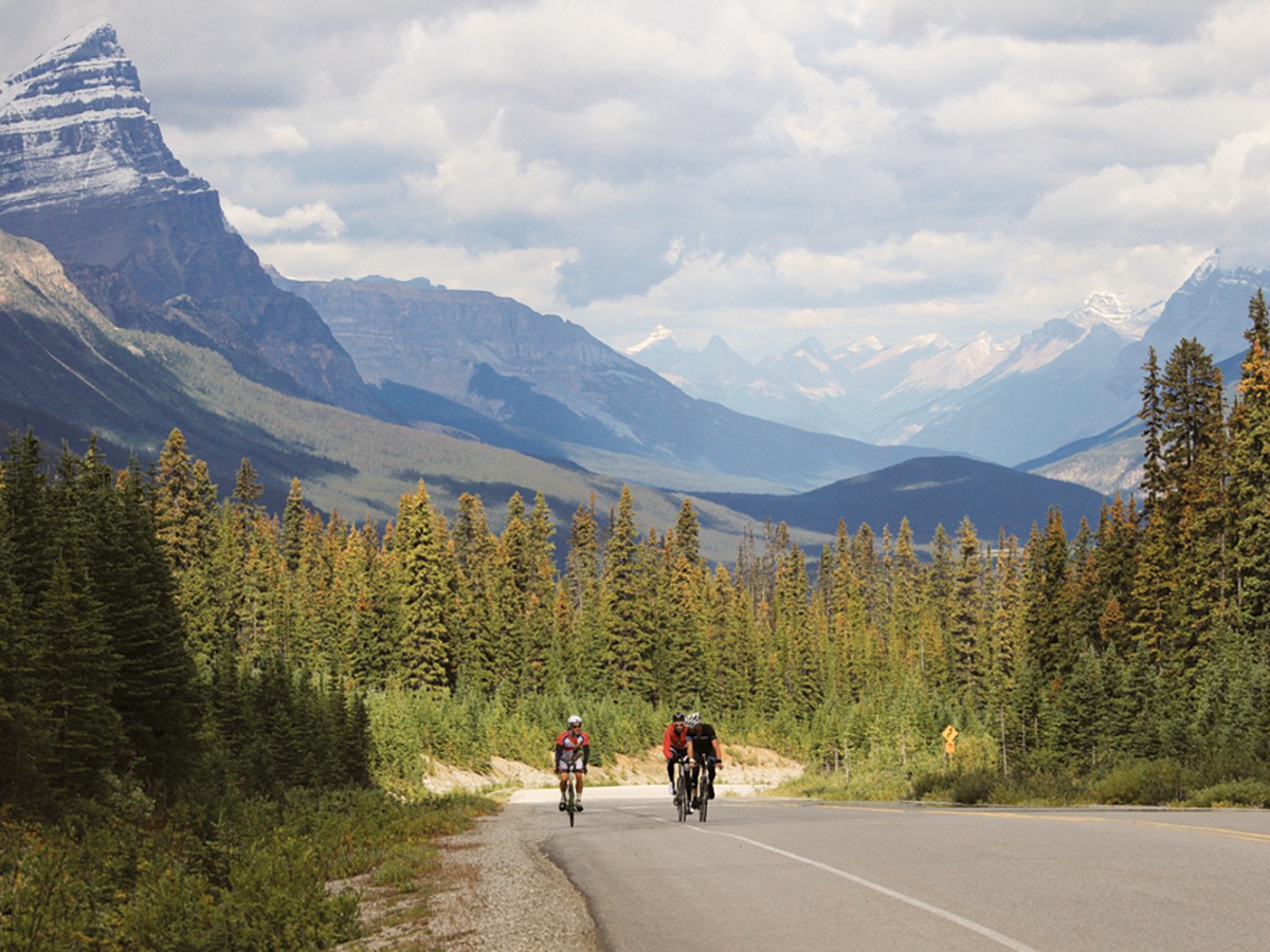 Three bikers on guided cycling tour from Jasper to Banff in Canada