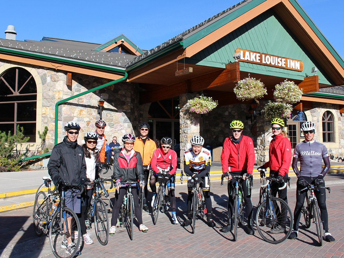 Posing near Lake Louise Inn on guided cycling tour from Jasper to Banff in Canada