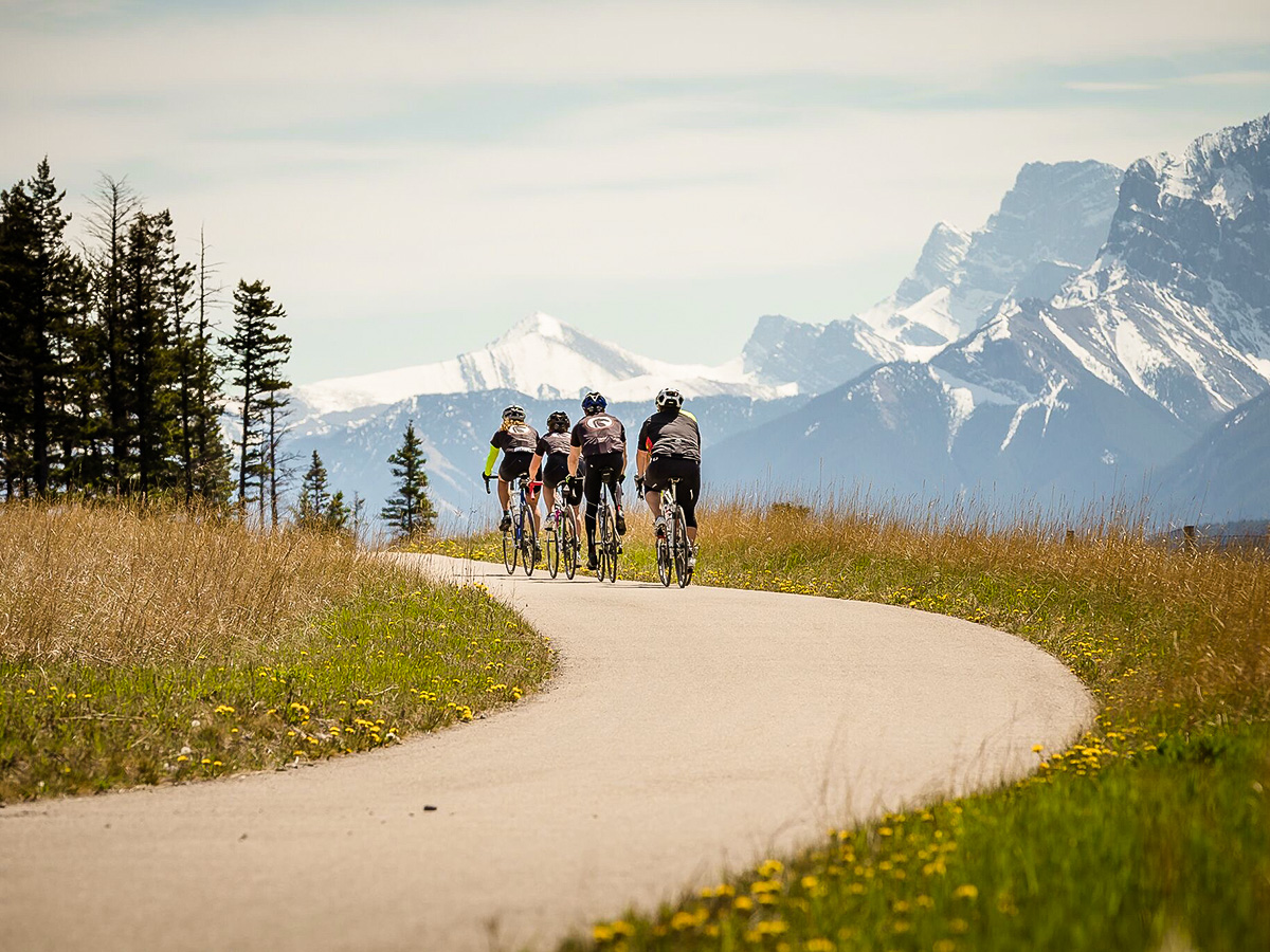 Bikers going on Icefields Parkway on guided cycling tour from Jasper to Banff in Canada