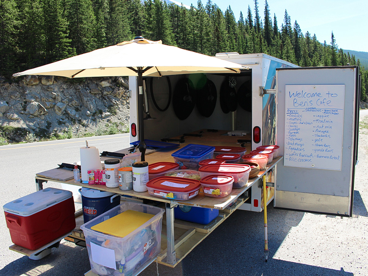 Preparing for lunch time on guided cycling tour from Jasper to Banff in Canada