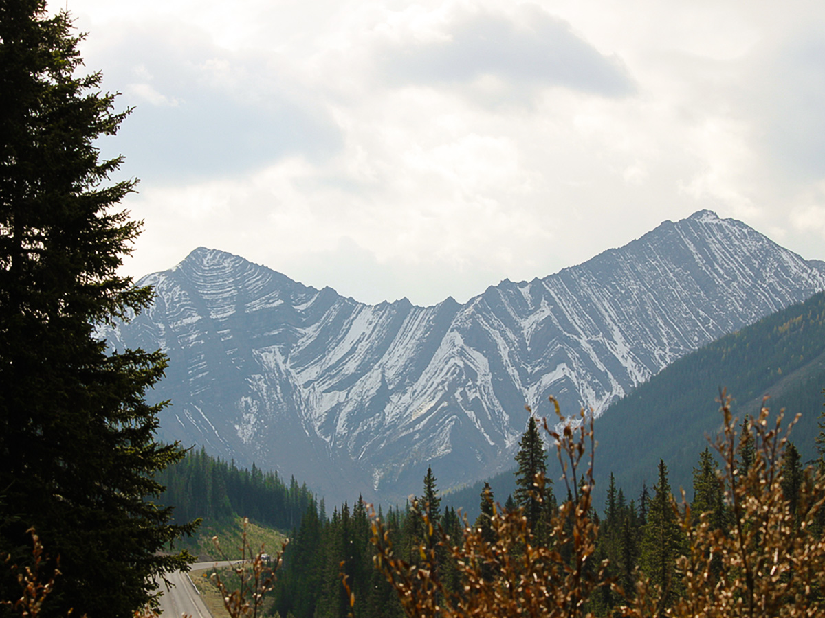 Mountain ridge along the route on guided cycling tour from Jasper to Banff in Canada