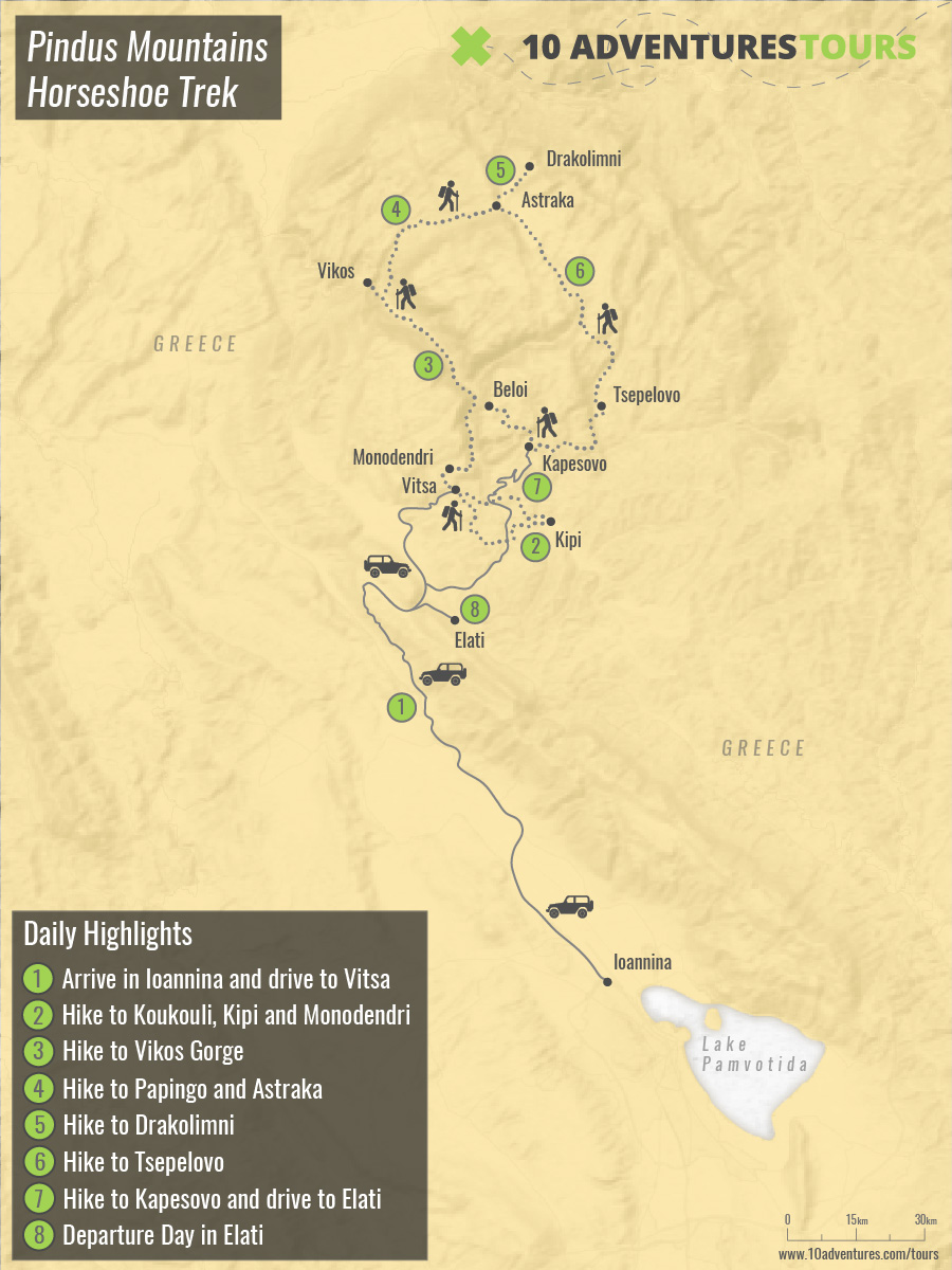 Map of Pindus Mountains Horseshoe Trek with a guided group