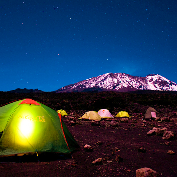 Tents during the night on Kilimanjaro trek on Machame Route in Tanzania