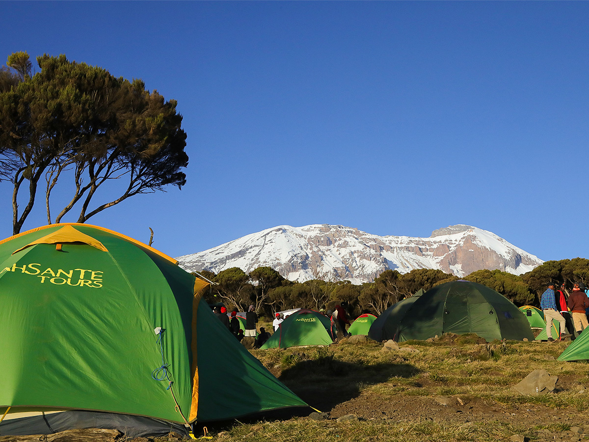 Tent village on Kilimanjaro trek on Machame Route in Tanzania