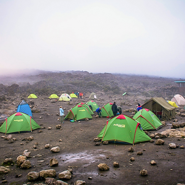 Camping on Kilimanjaro trek on Machame Route in Tanzania