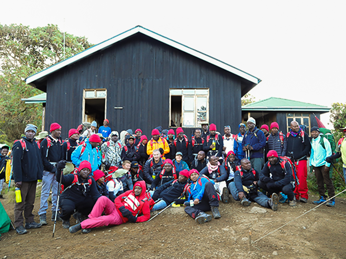 Hikers near Machame Hut on Kilimanjaro trek on Machame Route in Tanzania