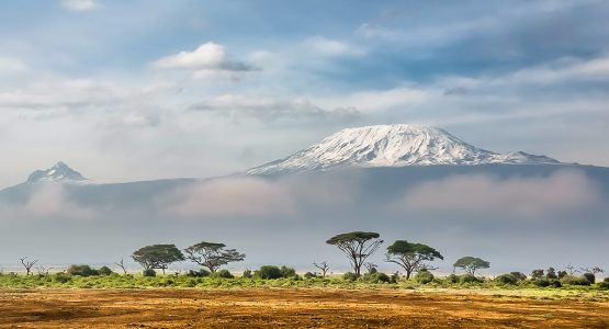 Tanzanian steppe and Kilimanjaro Mountain on Kilimanjaro trek on Machame Route in Tanzania