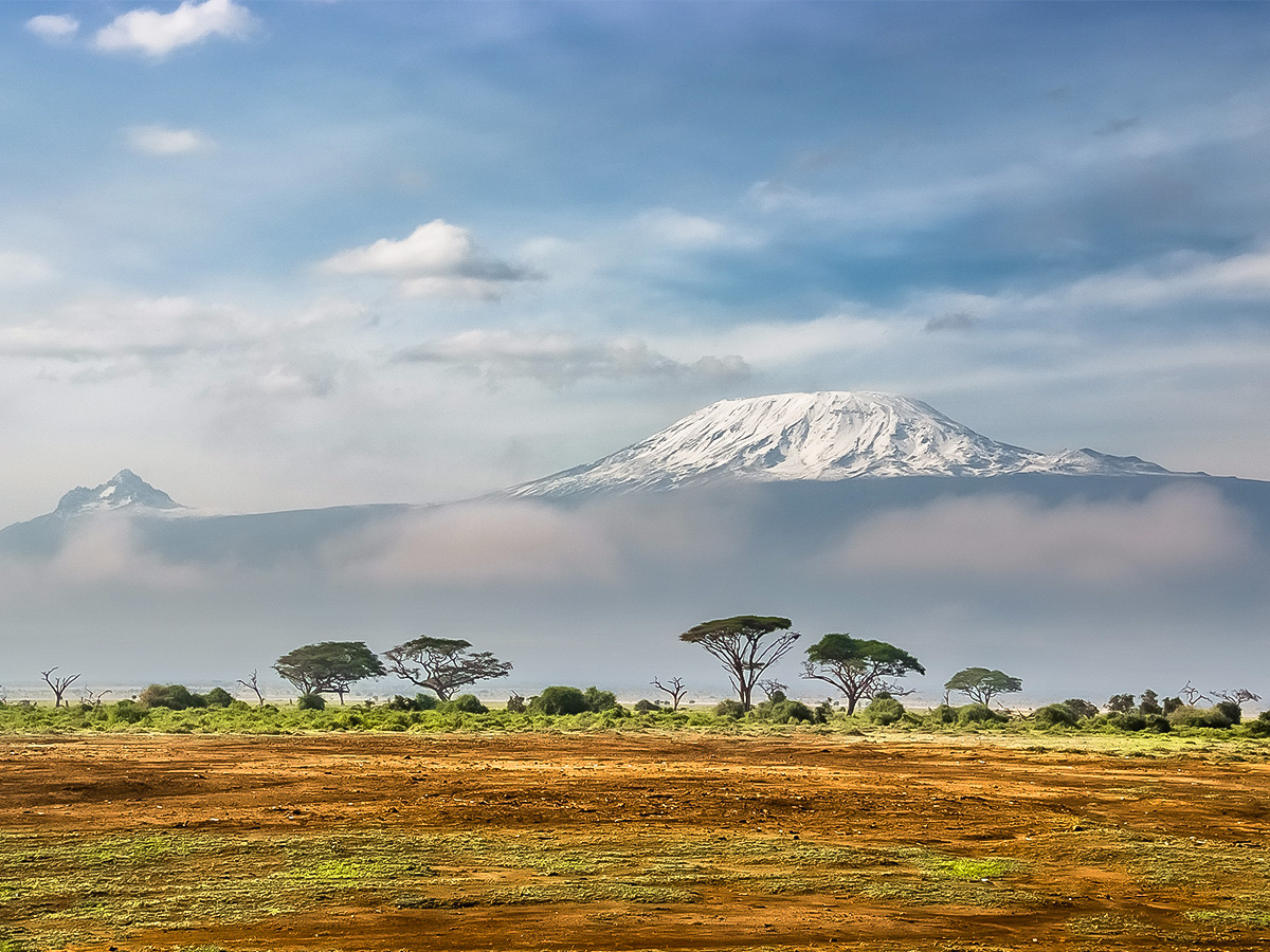 Tanzanian steppe and Kilimanjaro Mountain on Kilimanjaro trek on Machame Route in Tanzania