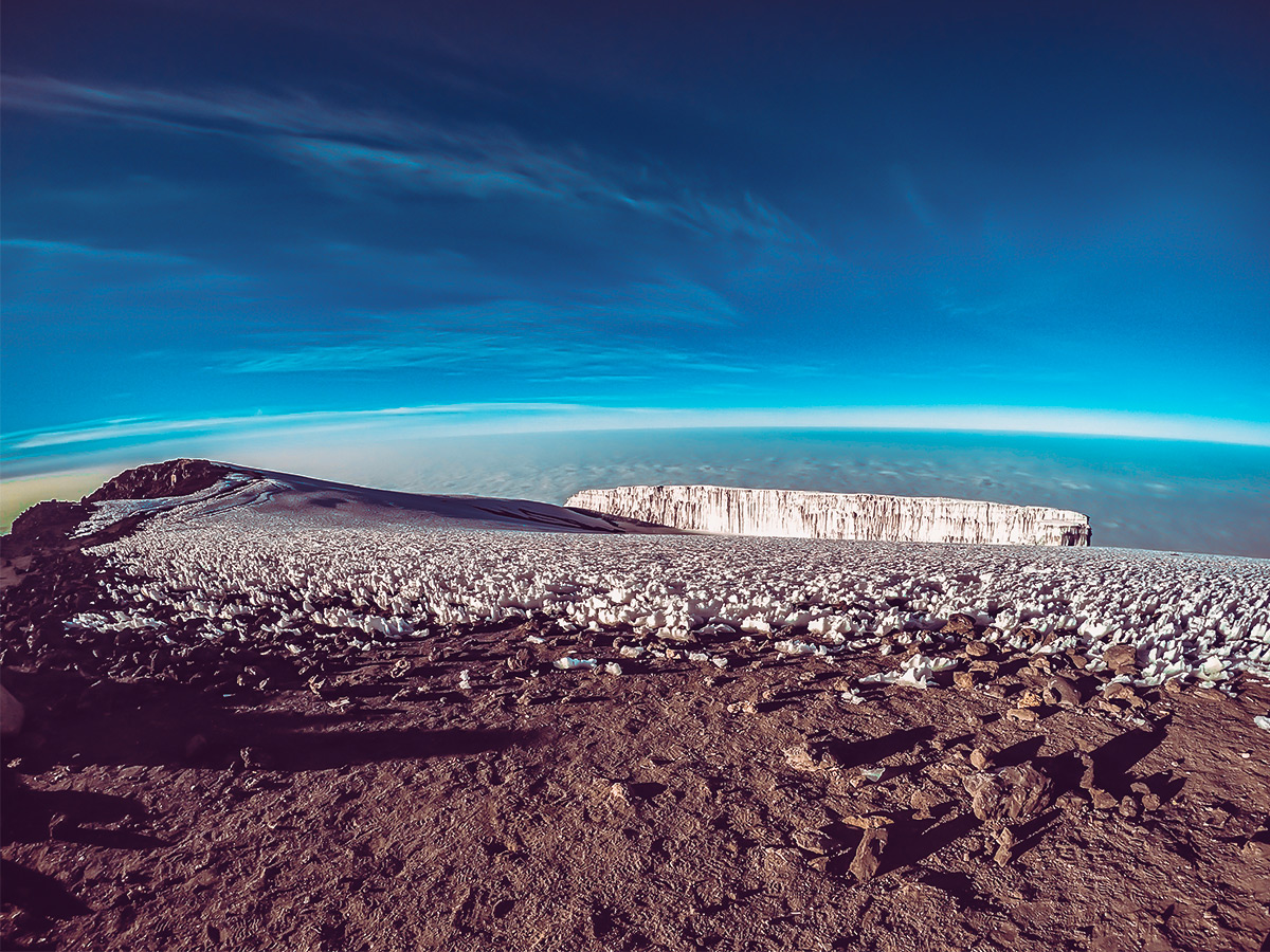 View from Uhuru peak on guided Kilimanjaro trek on Machame Route in Tanzania