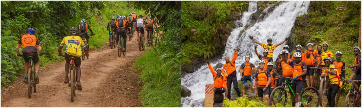 Biking with the group on guided cycling tour around Mount Kilimanjaro in Tanzania