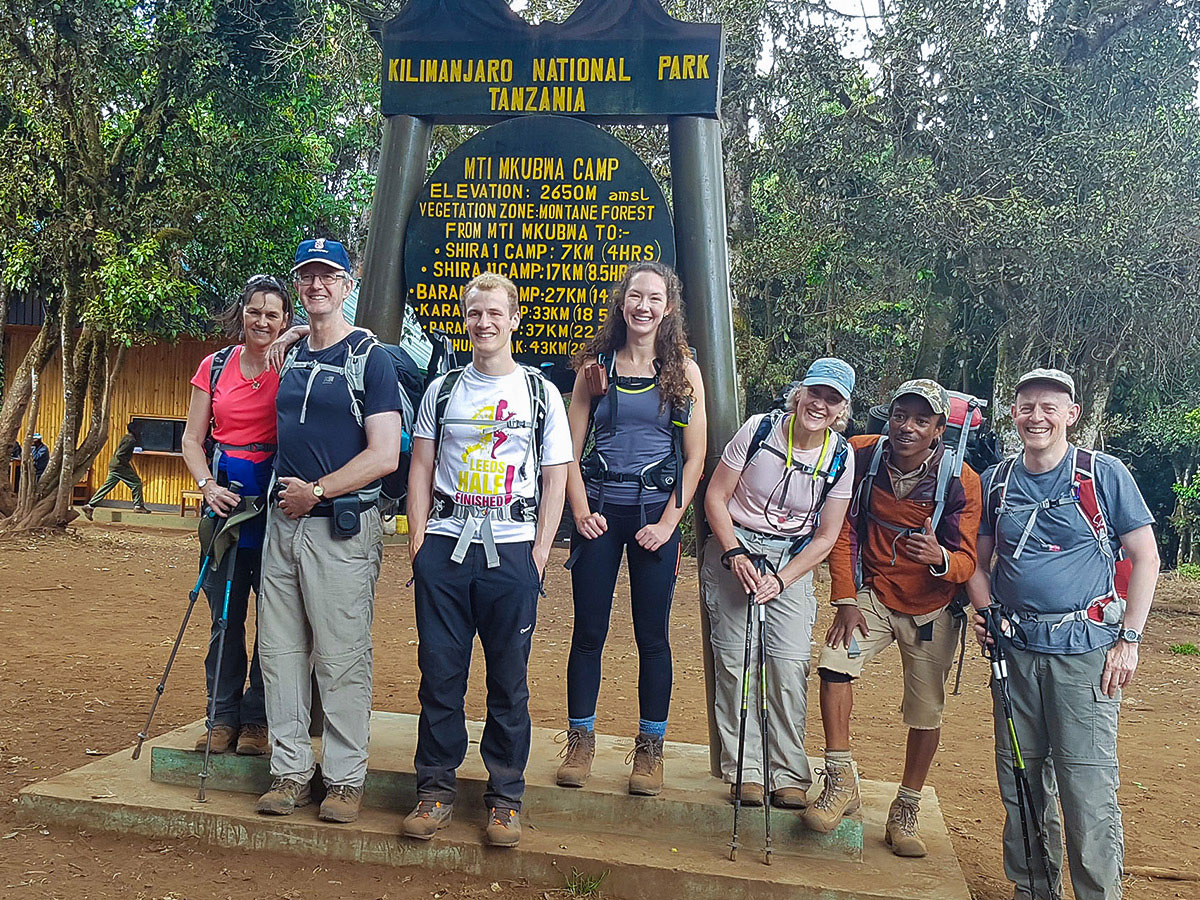 Group of hikers starting guided Kilimanjaro trek on Lemosho Route in Tanzania