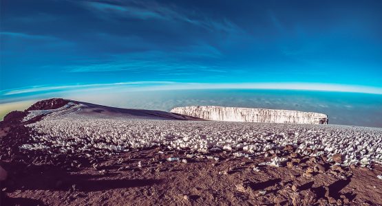 View from summit of Uhuru Peak on Kilimanjaro trek on Lemosho Route in Tanzania