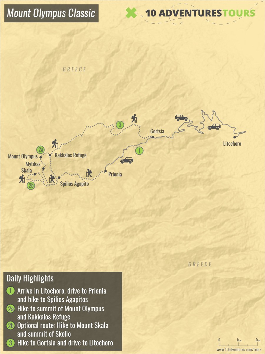 Map of Mt. Olympus Classic hike in Greece with a guided group
