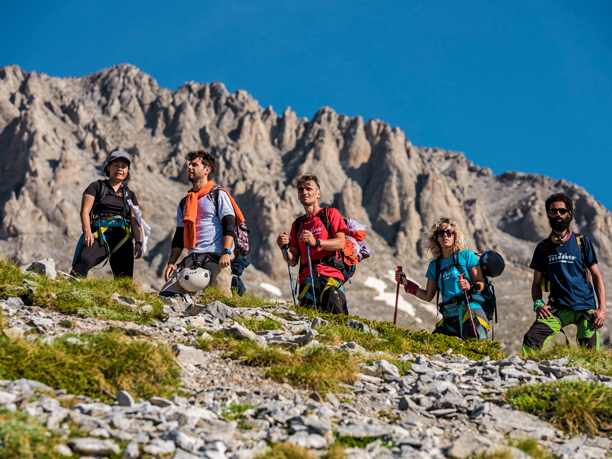 Five hikers on guided climb to Mount Olympus, Greece