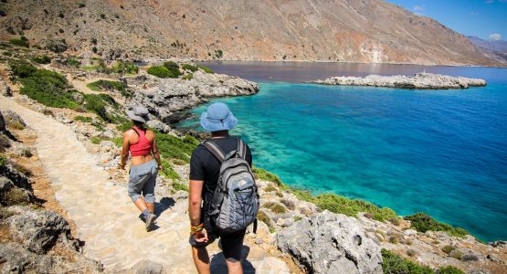 Trail along the coast on guided trek in the White Mountains of Crete, Greece