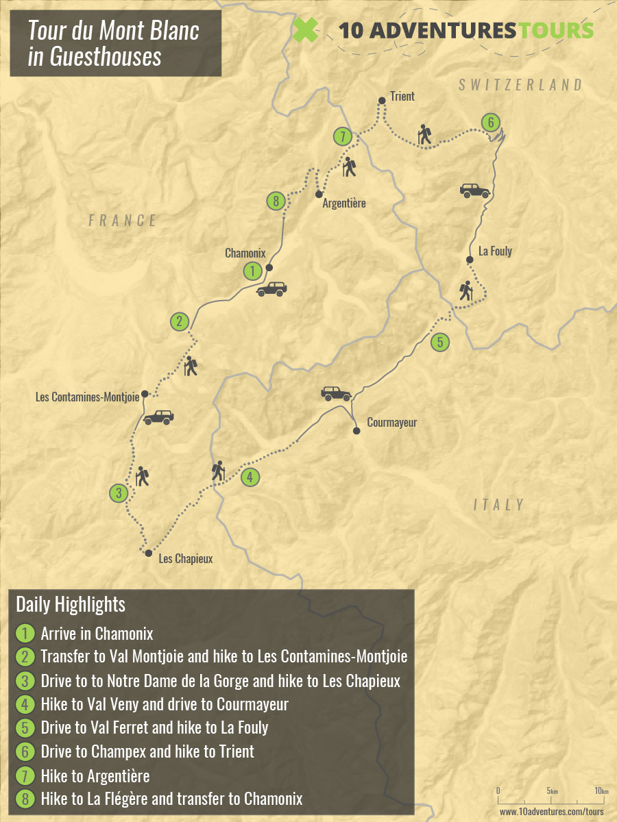 Map of self-guided Tour du Mont Blanc hike in France and Italy
