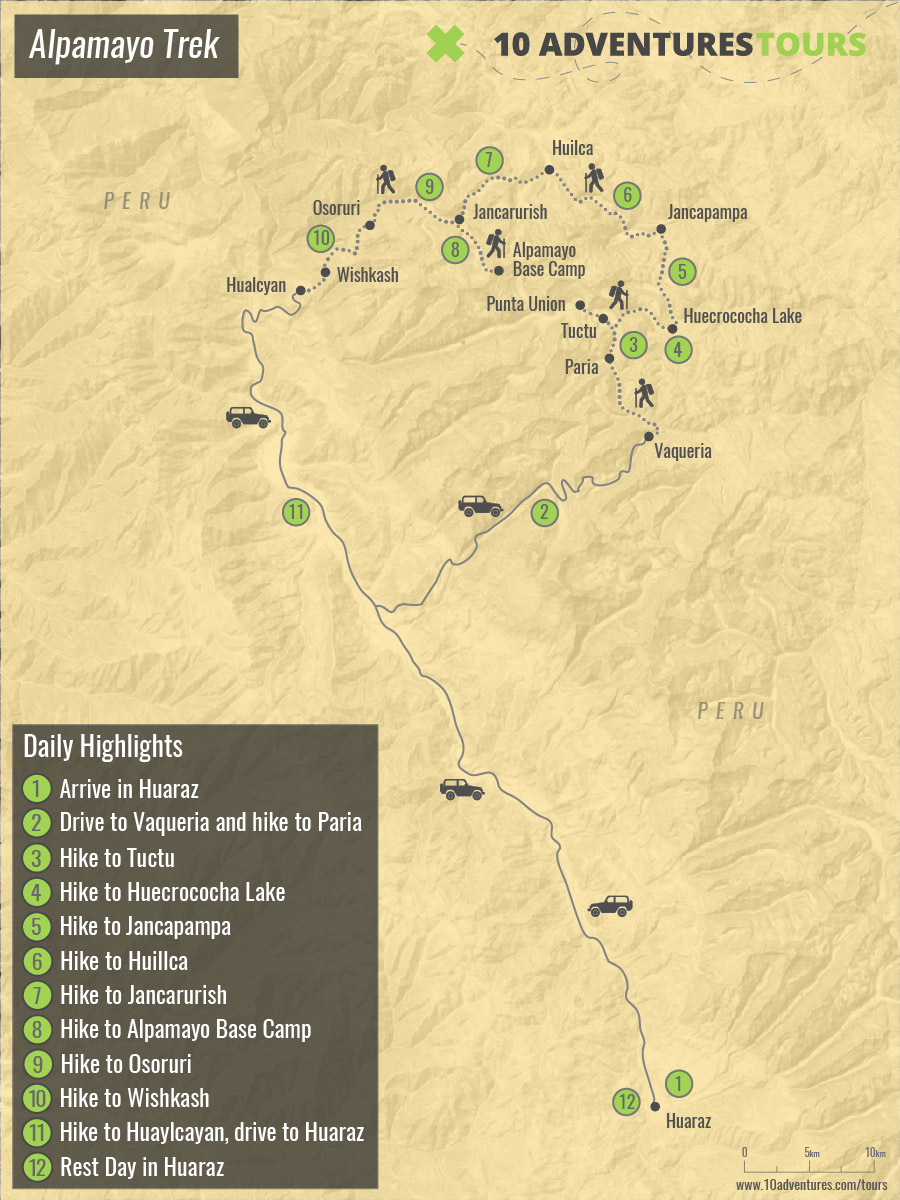 Map of guided Alpamayo Trek from Huaraz