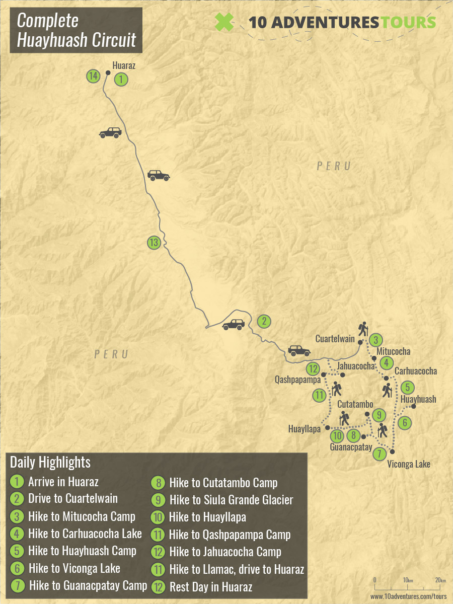 Map of Complete Huayhuash Circuit Trek with a guide from Huaraz