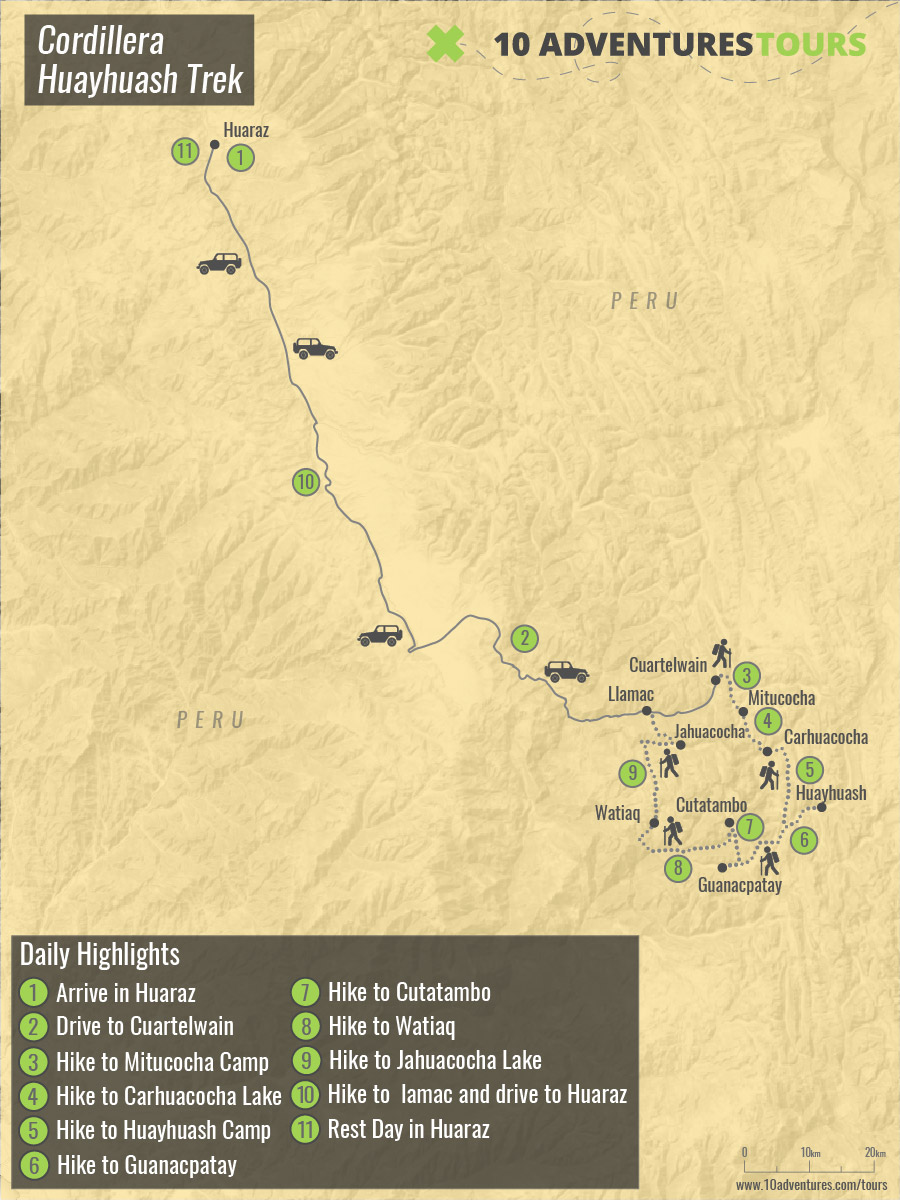 Map of guided Cordillera Huayhuash Trek from Huaraz