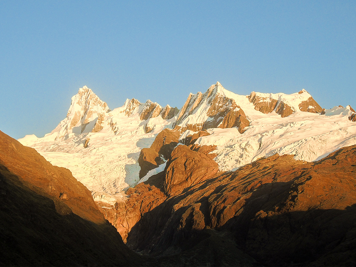 Mountain peaks along Alpamayo trek in Cordillera Blanca, Peru