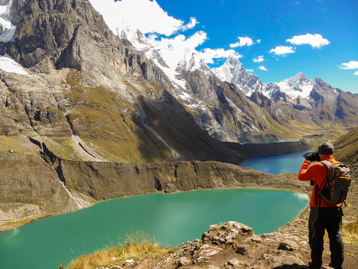 Looking down on beautiful lakes on Huayhuash circuit trek, Peru