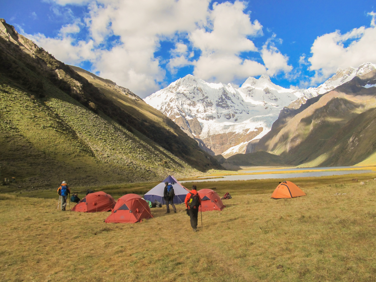 Campsite with beautiful view on Huayhuash circuit trek, Peru