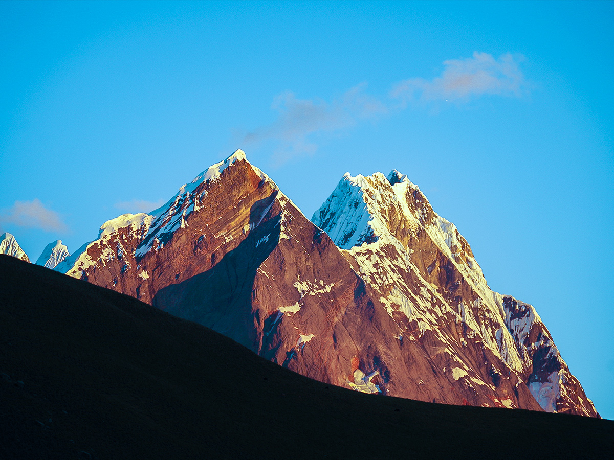 Sunset on the Andean Mountains on Huayhuash circuit trek, Peru