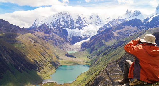 Looking down on turquoise lake on Huayhuash trek, Peru