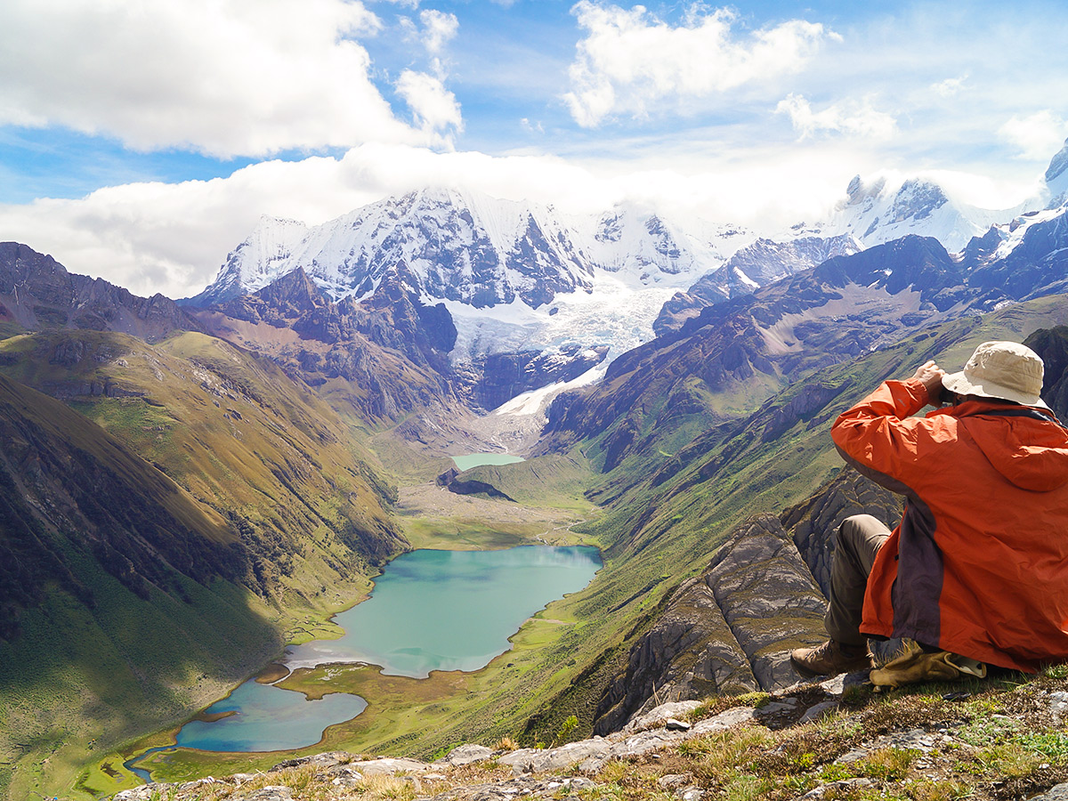 Looking down on turquoise lake on Huayhuash trek, Peru