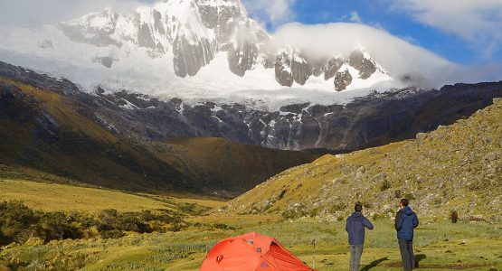 Setting up camp on Santa Cruz trek with guide in Cordillera Blanca