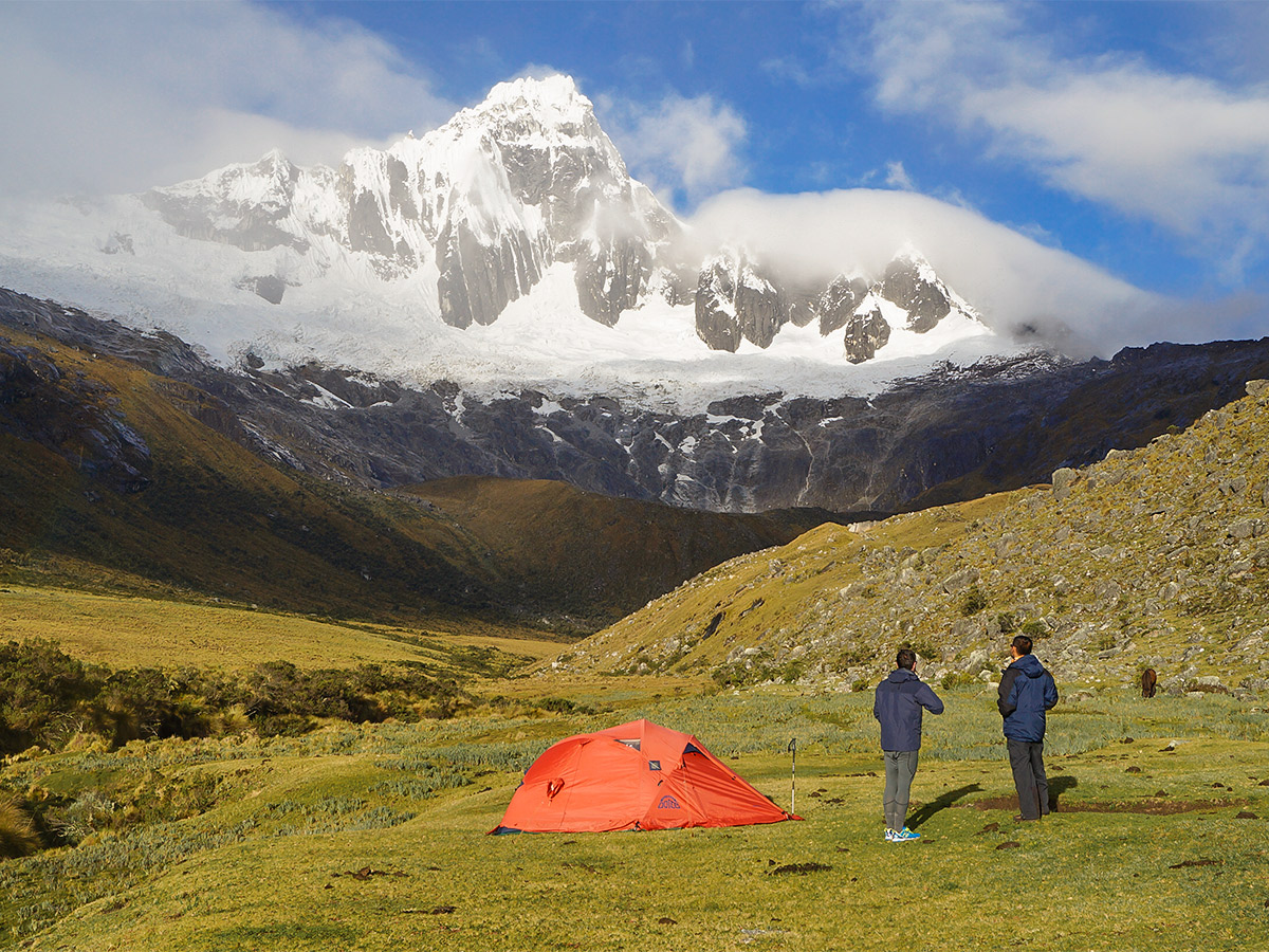 Setting up camp on Santa Cruz trek with guide in Cordillera Blanca