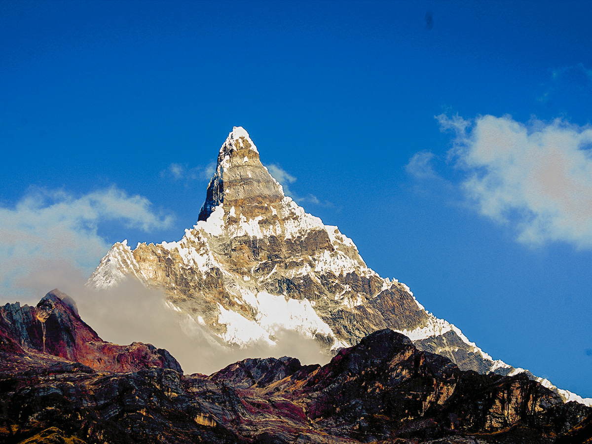 Beautiful peak along the trail on Santa Cruz trek with guide in Peru