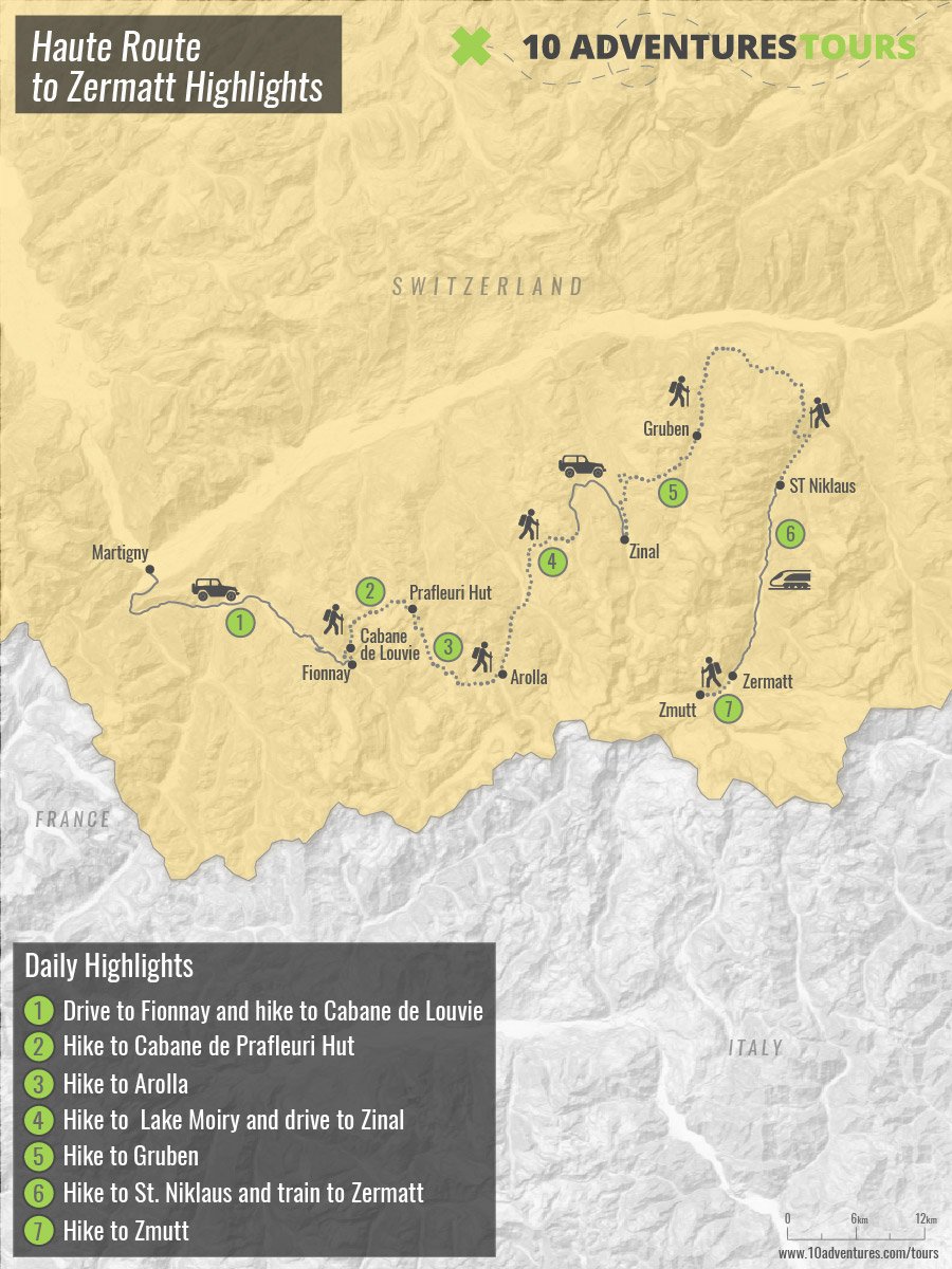 Map of self-guided Haute Route to Zermatt trail in Alps