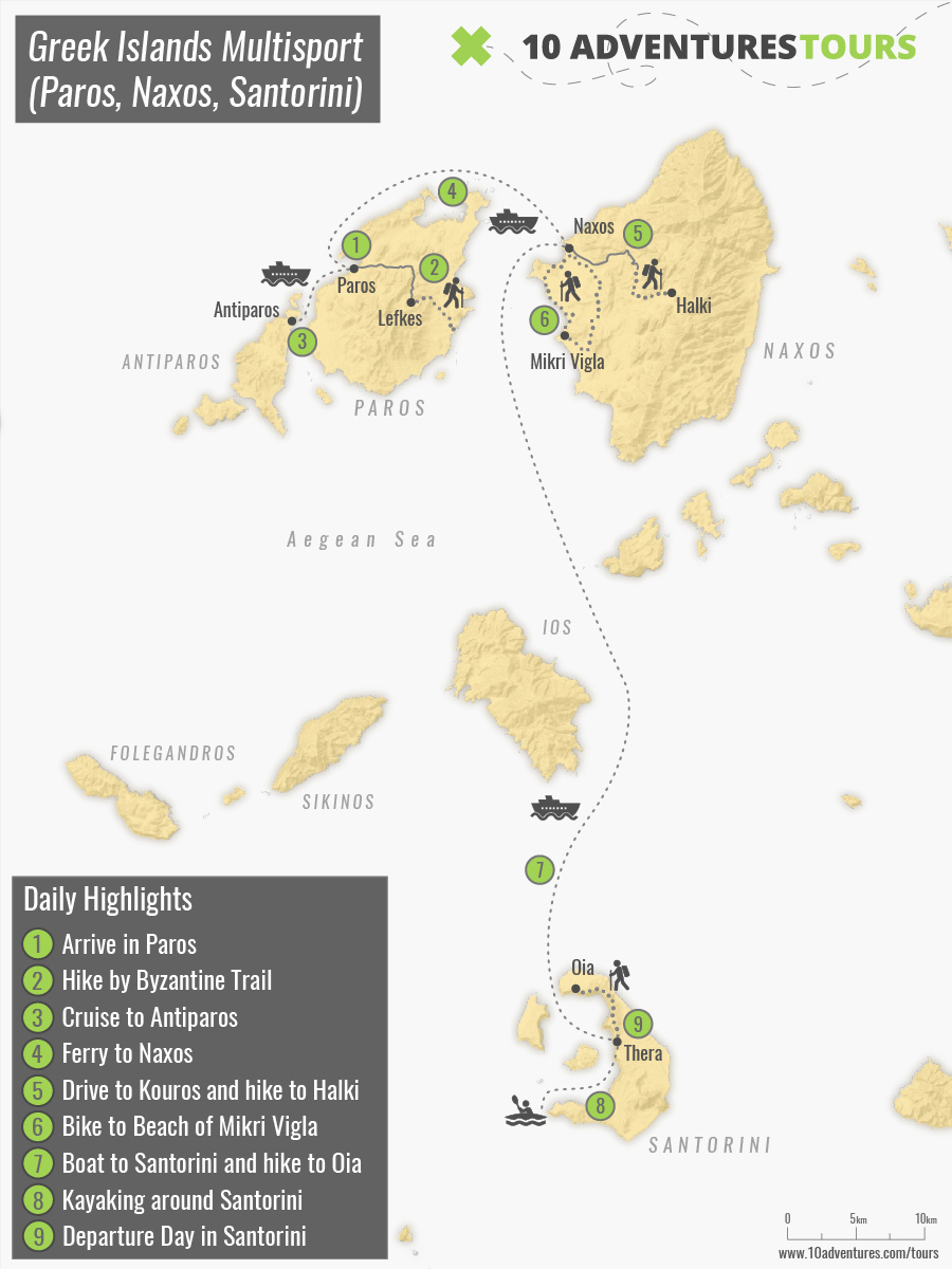 Map of Greek Islands Multisport (Paros, Naxos, Santorini) tour in Greece