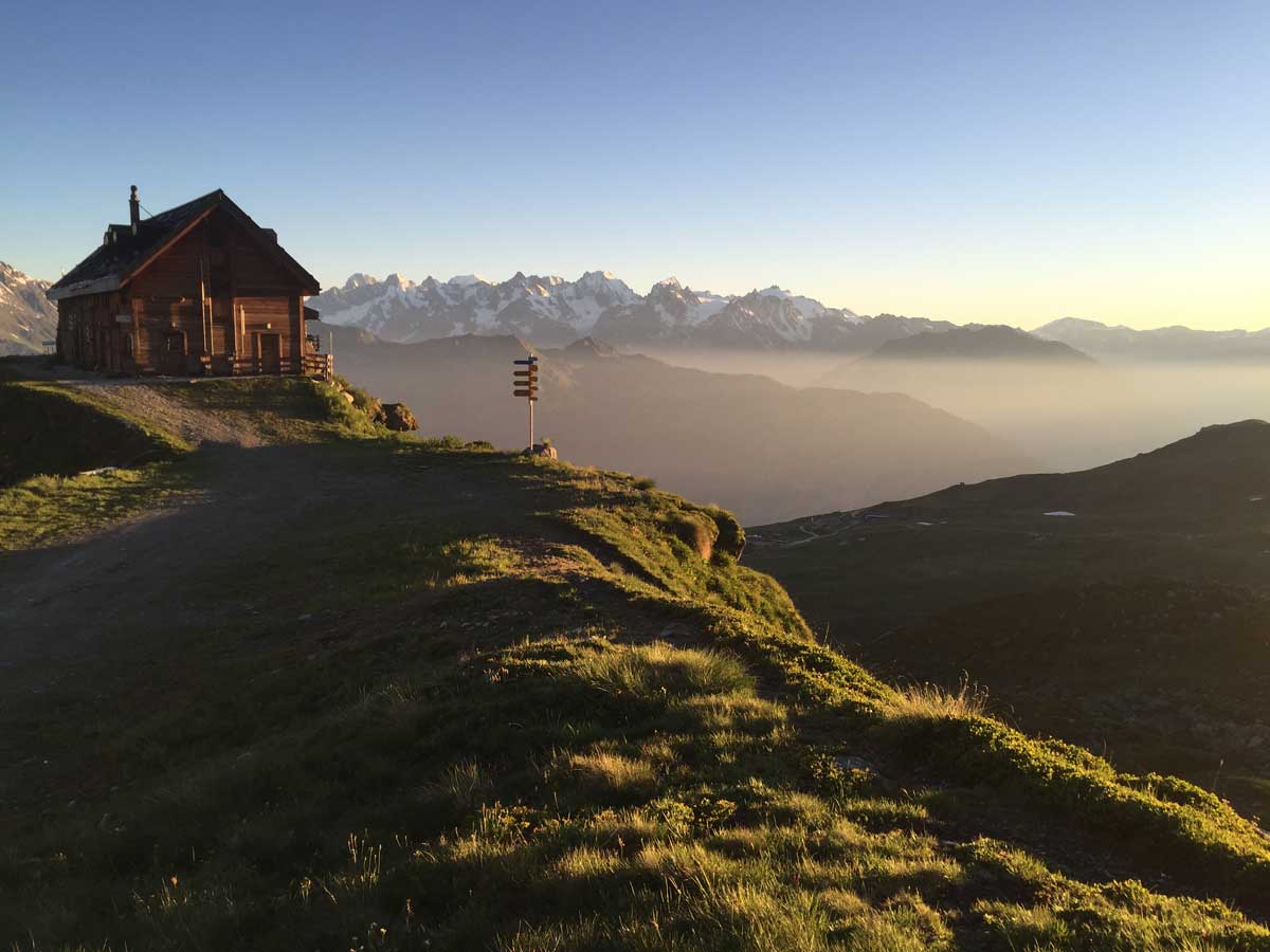 Sunset beyond Verbier on self-guided Haute Route from Chamonix to Zermatt