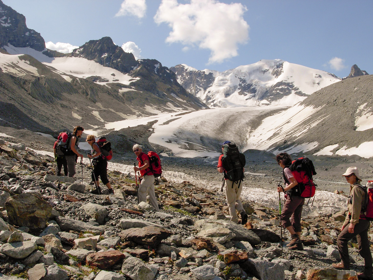 Hikers near glacier on self-guided Haute Route from Chamonix to Zermatt