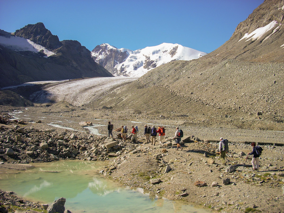 Group of hikers on self-guided Haute Route from Chamonix to Zermatt in Switzerland