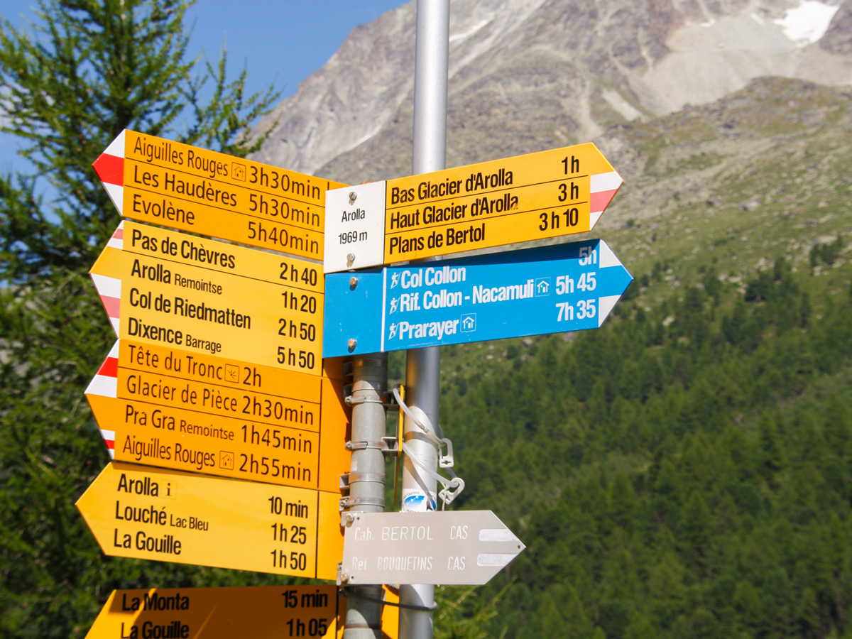 Trail sign on self-guided Haute Route from Chamonix to Zermatt