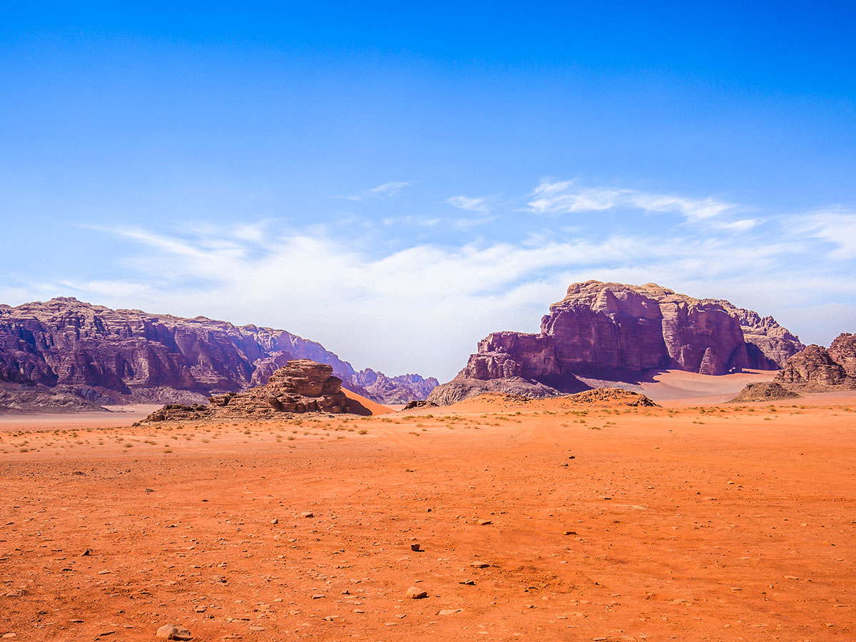 Desert views on guided group trek from Dana to Petra in Jordan