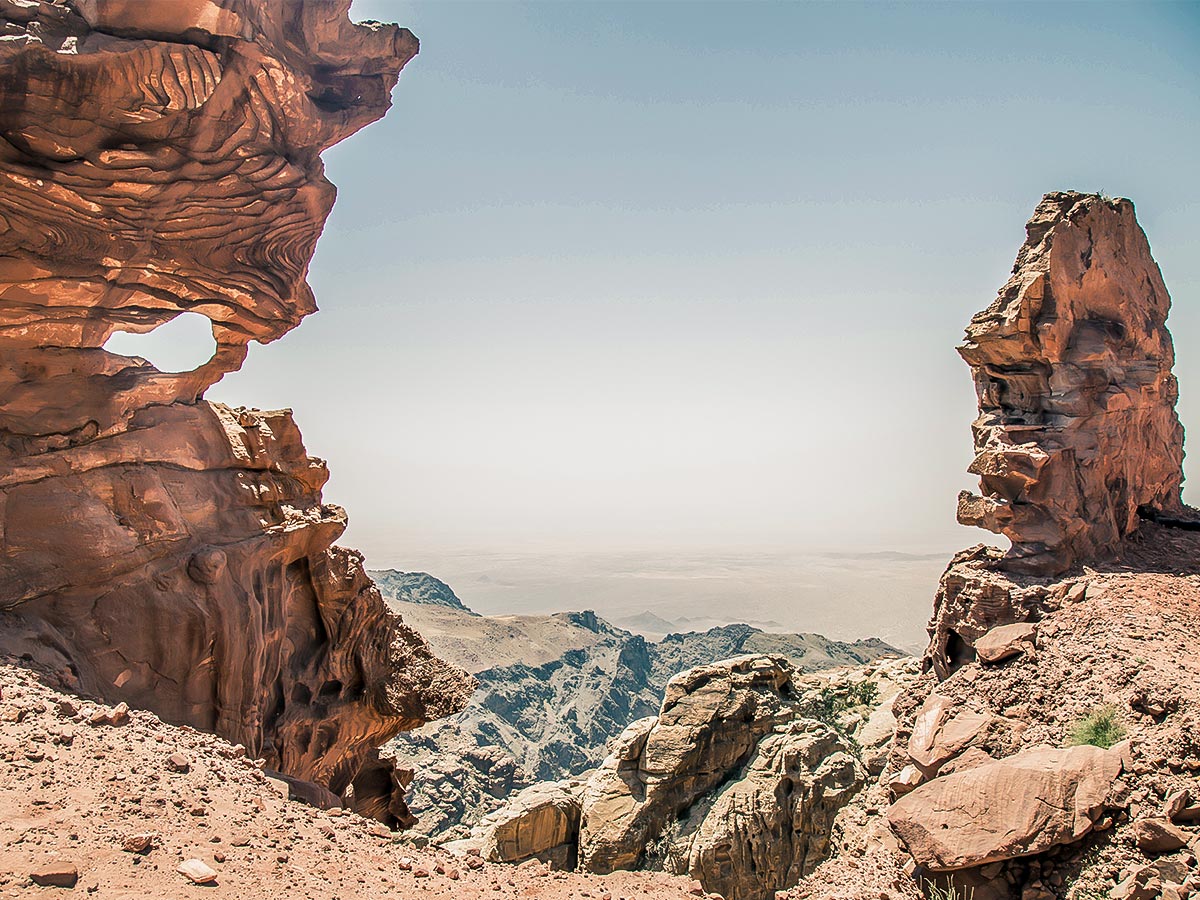 Rock formations along the trail of Dana to Petra Trekking Tour in Jordan