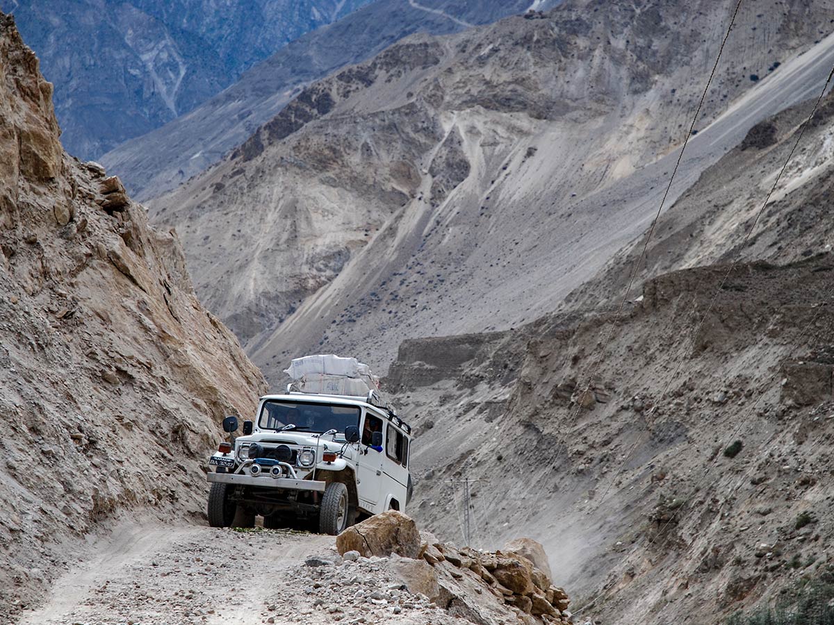 The jeep trip on the road to Askoli Village on K2 Base Camp and Gondogoro La Trek in Pakistan