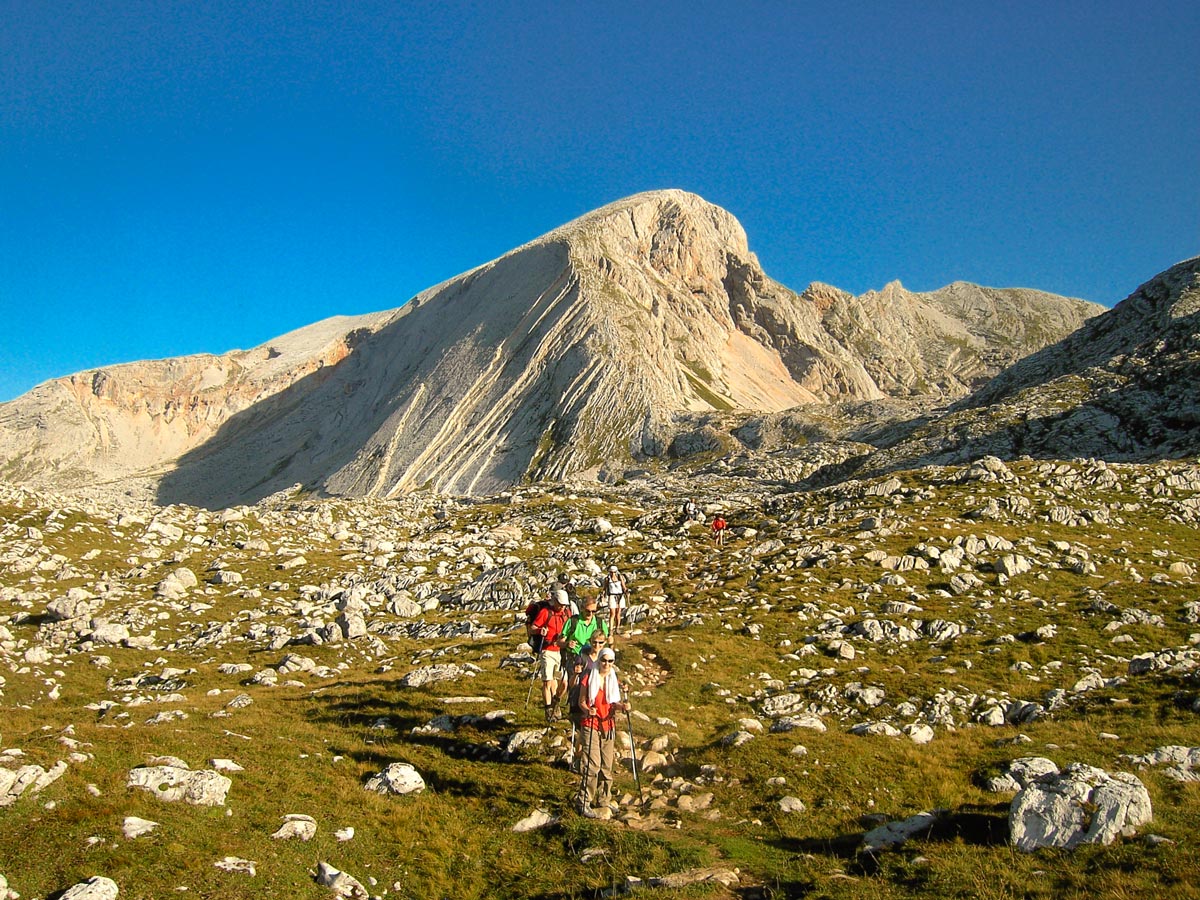 Group of hikers on Dolomites Haute Route Trek in Italy