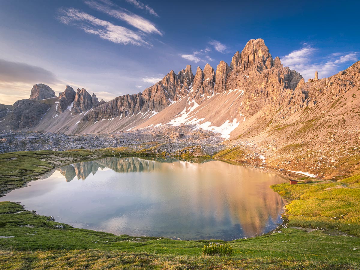 Beautiful mountain lake on Dolomites Haute Route Trek in Italy