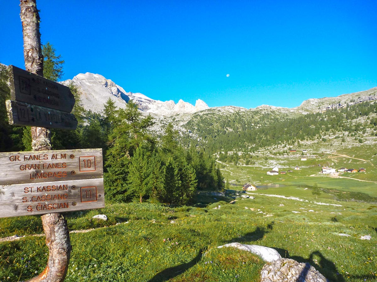 Signpost along the trail on Dolomites Haute Route Trek in Italy