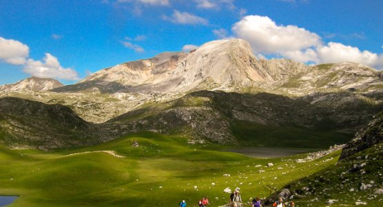 Group of hikers on self-guided trekking tour in Dolomites, Italy