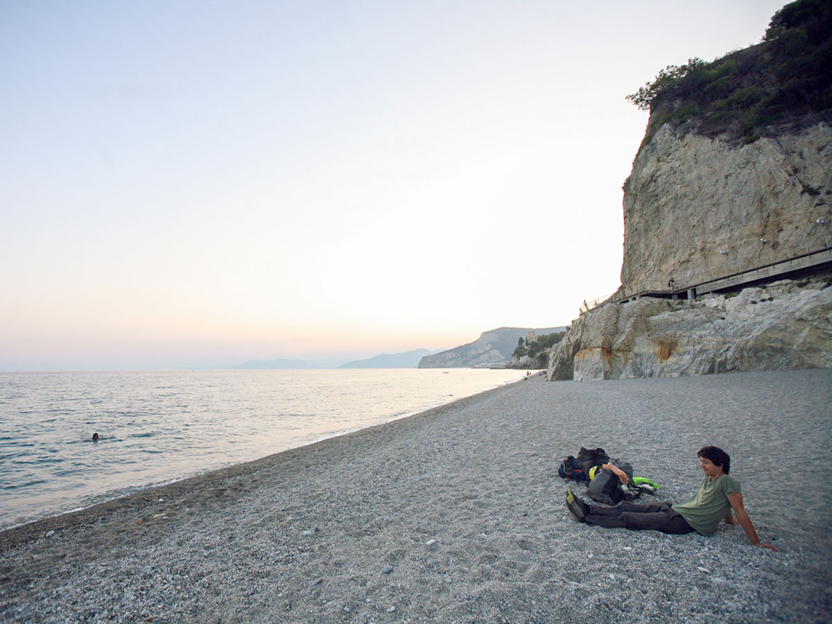 Enjoying the beach on climbing camp in Italian Riviera