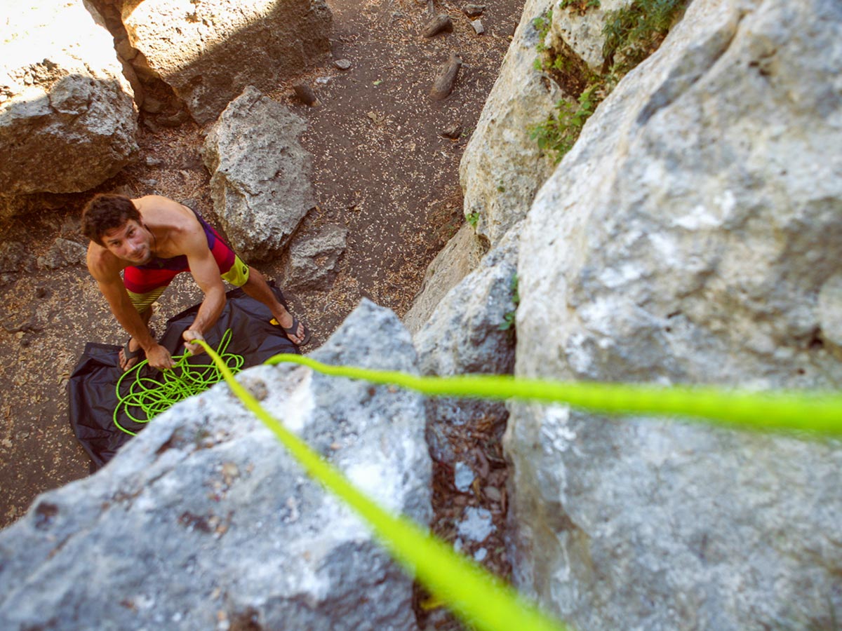 Preparing gear on climbing camp in Italian Riviera