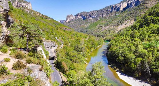 Beautiful river and the valley on climbing camp at Gorges du Tarn in France