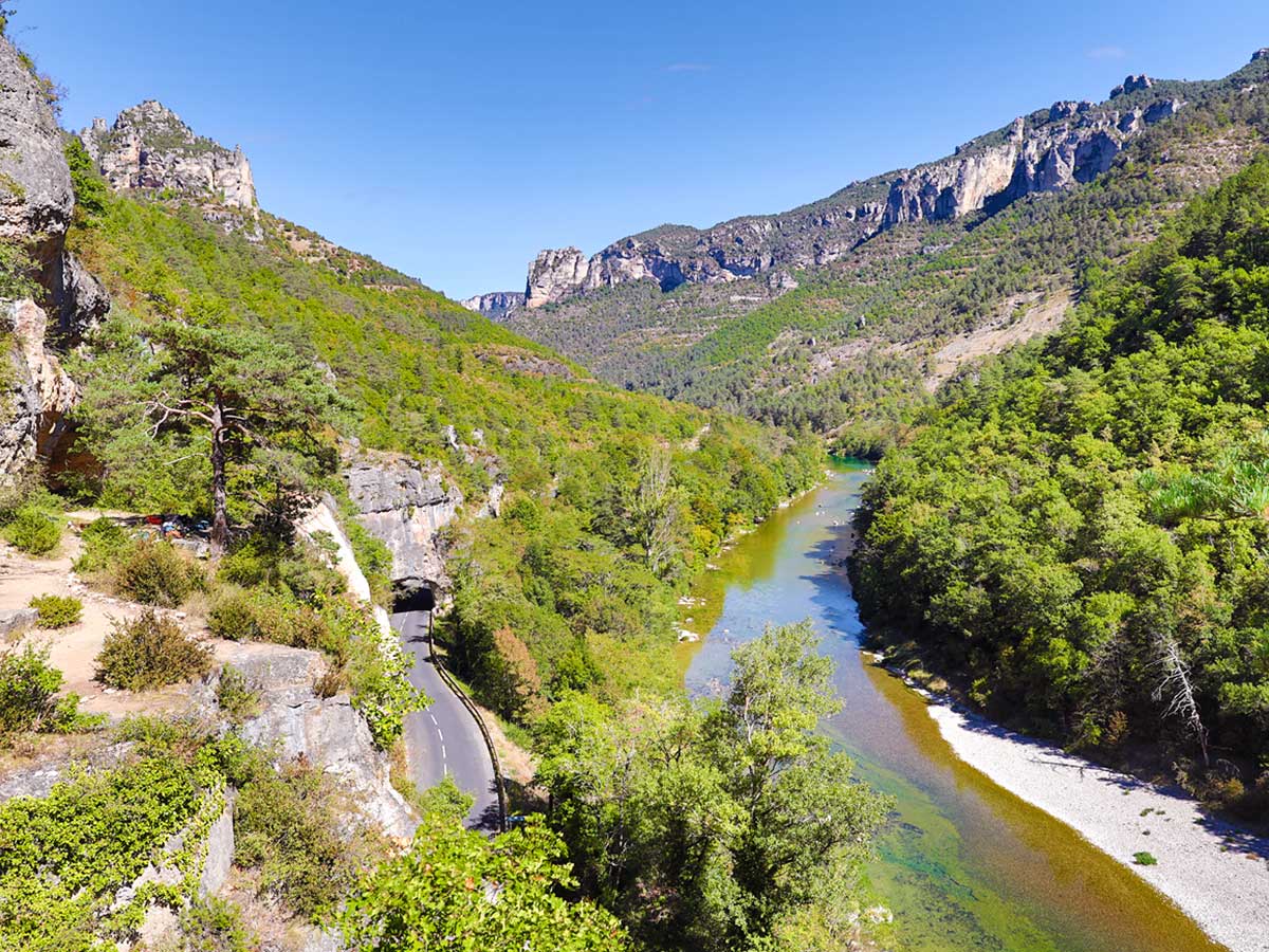 Beautiful river and the valley on climbing camp at Gorges du Tarn in France