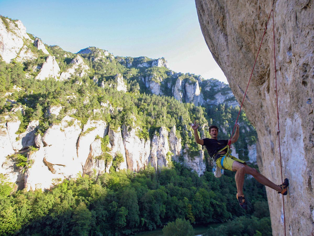 Climber and views on climbing camp at Gorges du Tarn in France